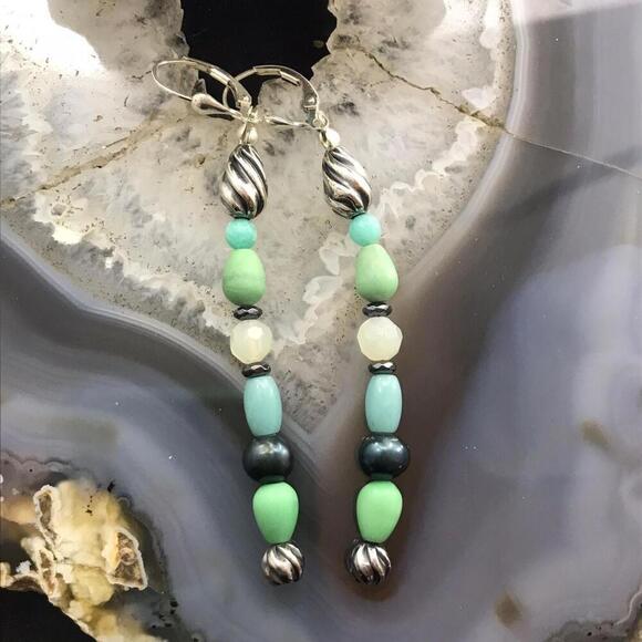 Carolyn Pollack Sterling Amazonite Variscite Quartz & Pearl Dangle Earrings